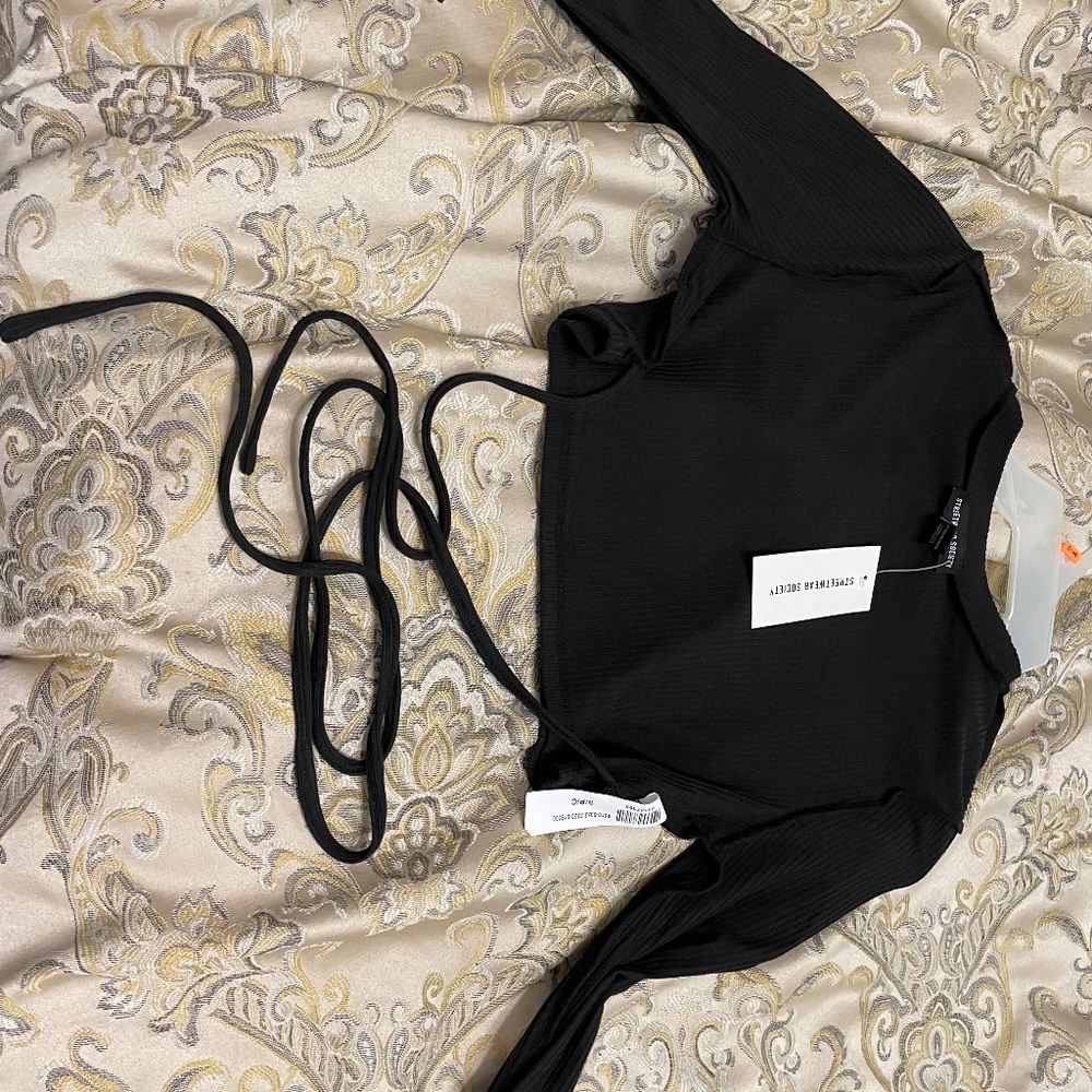 Black Cropped Tee with wrap around lace